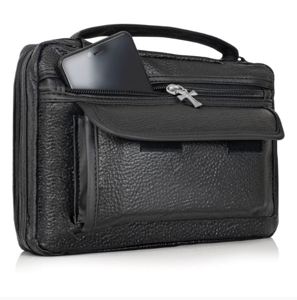 Embassy Italian Stone Design Black Genuine Leather Bible Cover, Measures 10" x 7.5" x 1.75" LULBIBLE