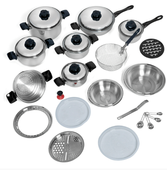 Chef's Secret 28-Piece 12-Element T304 Cookware Set - Stainless Steel Pots And Pans For Waterless Cooking - Airtight Lids, Steam Control Valves, Multi-Ply Metal, Black Handles - Kitchen Sets For Home KT928