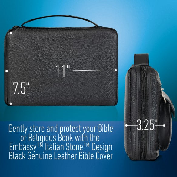 Embassy Italian Stone Design Black Genuine Leather Bible Cover, Measures 10" x 7.5" x 1.75"   LULBIBLE