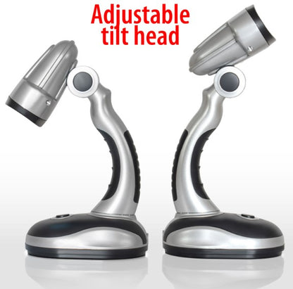 Mitaki-Japan ELDSKLT LED Desk Lamp - 12-Bulb Cordless, Battery-Operated Table Light for Home, Office, Study Room - With Push-Button Power, Adjustable Pivot Head & Curved Neck Handle - Silver/Black